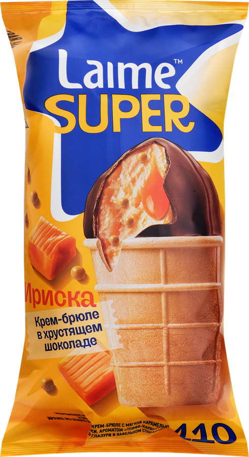 Мороженое LAIME Ириска, молочное крем-брюле с шоколадными драже в глазури 4%, без змж, вафельный стаканчик, 110г