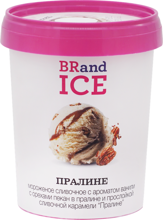 Мороженое BRAND ICE Пралине, сливочное ванильное с орехами пекан в глазури пралине и карамельной прослойкой 12%, без змж, пластиковый стакан, 300г