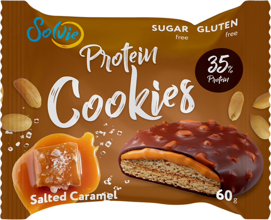 Печенье протеиновое SOLVIE Арахисовое с соленой карамелью 35% белка в молочном шоколаде, без сахара, 60г