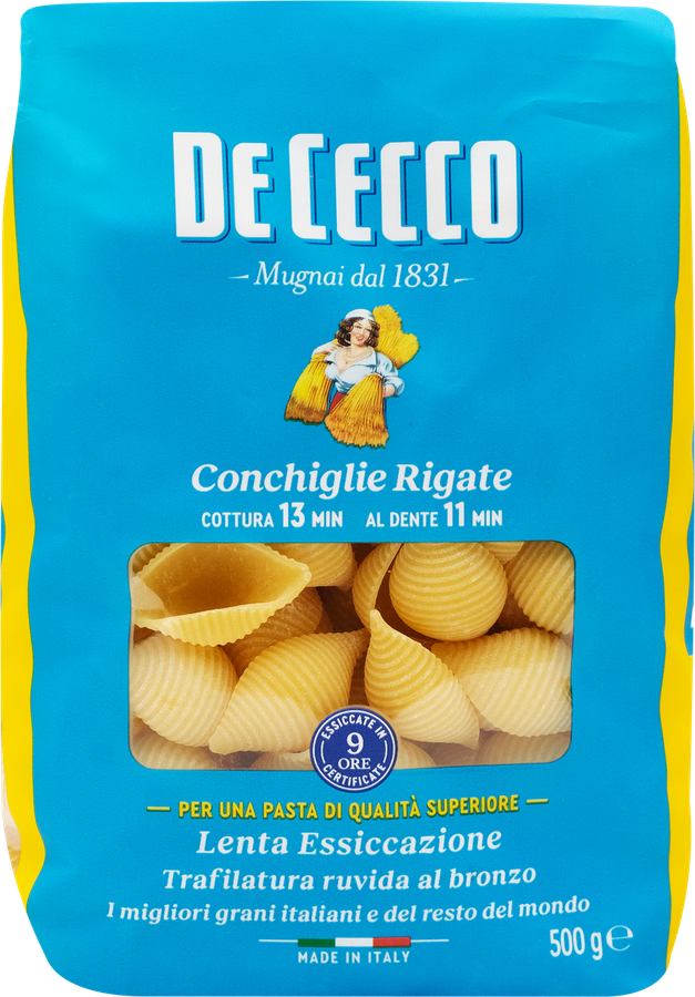 Макароны DE CECCO Conchiglie rigate №50, из муки твердых сортов пшеницы, 500г