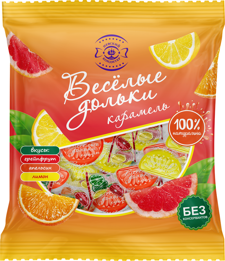 Карамель леденцовая ВЕСЕЛЫЕ ДОЛЬКИ микс со вкусом лимона, апельсина, грейпфрута, 300г