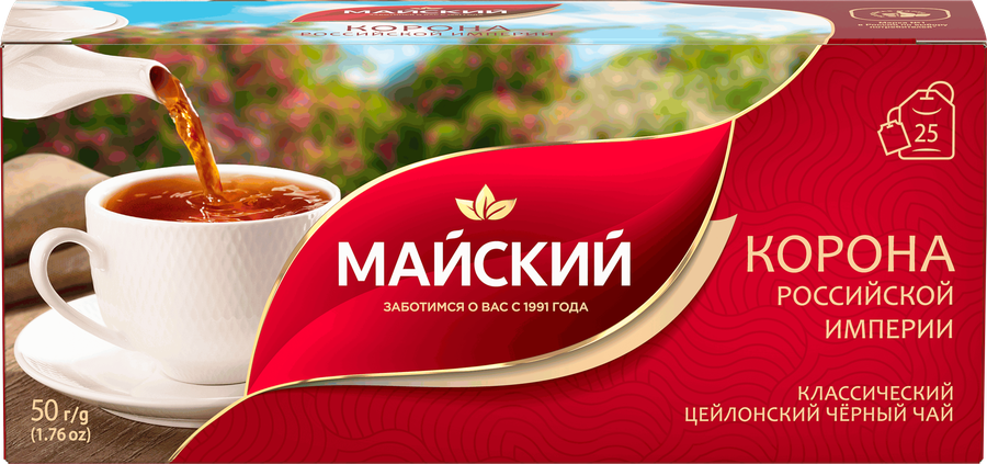 Чай черный МАЙСКИЙ Корона Российской Империи Цейлонский байховый листовой, 25пак