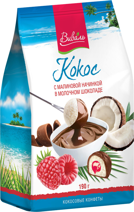Конфеты ВИВАЛЬ кокосовые с малиновой начинкой в молочном шоколаде, 190г, превью