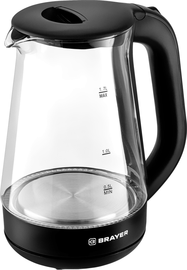 ЧайникэлектрическийBRAYER2200Вт,1.7л,стеклянныйкорпус,автоотключение,Арт.BR6112BK