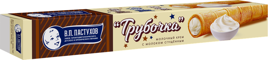 Трубочка вафельная ЗАВОД ИМЕНИ ПАСТУХОВА с молочным кремом и молоком сгущенным, без змж, 65г, превью